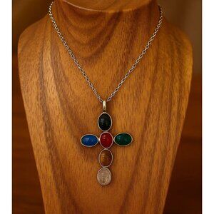 Vintage Sterling Silver 925 Scarab Cross Pendant Colorful Gemstones Jewelry